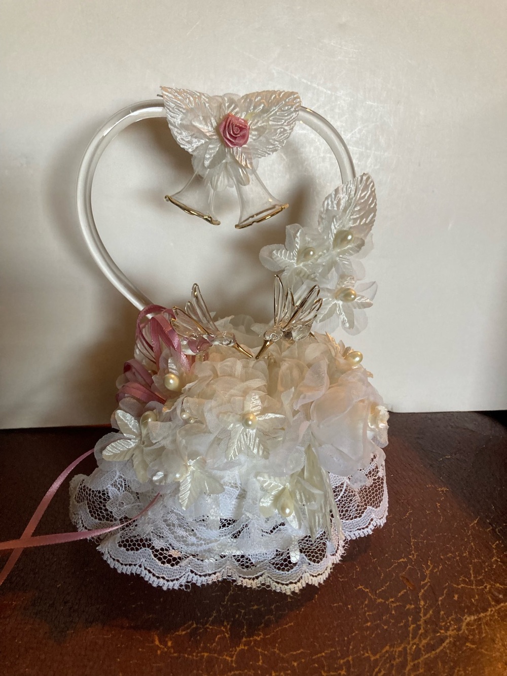 Vintage blown glass and lace wedding cake topper